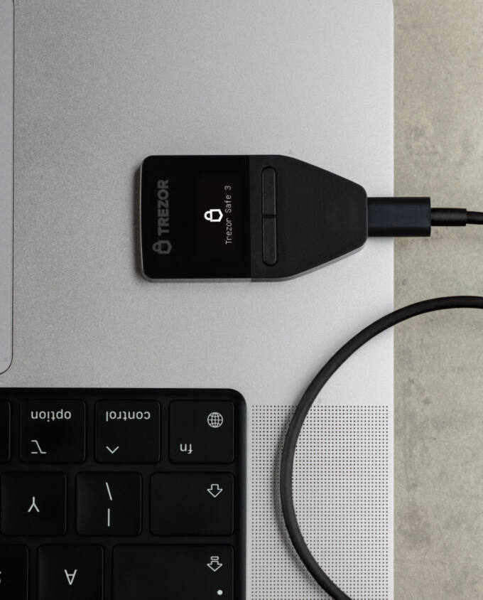 Trezor Safe 3 Connected Device Wired to Laptop