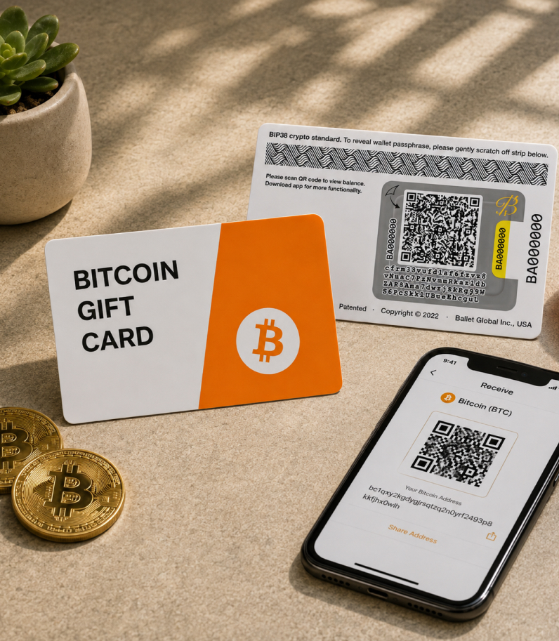 Ballet Crypto — Подарочная карта Bitcoin 9 Ballet Crypto BTC Gift Card Cards With Phone On Desk