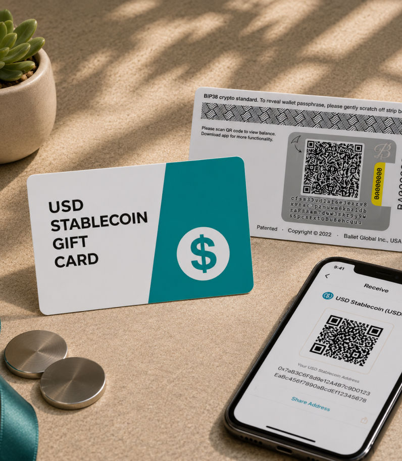 Ballet Crypto USD Gift Card Cards With Phone On Desk