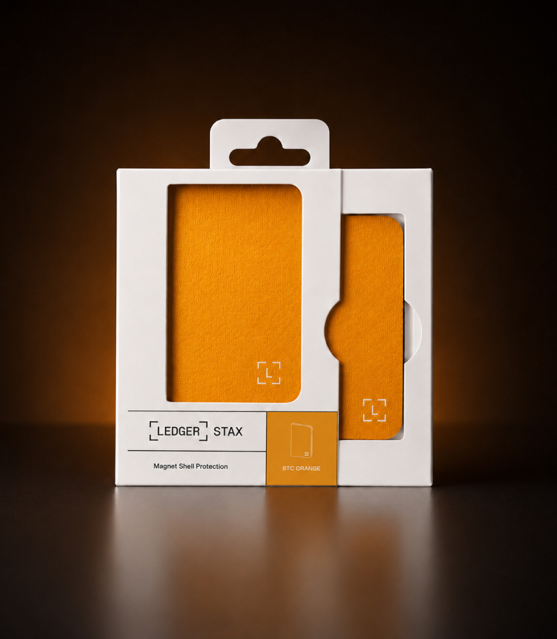 Ledger Stax Magnet Shell — BTC Orange 16 Ledger Stax Magnet Shell BTC Orange Box Content