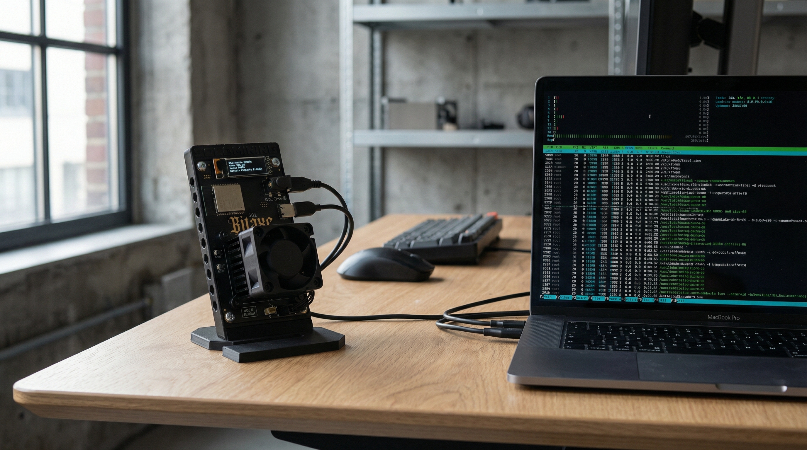 Bitaxe Gamma 601 on desk with laptop