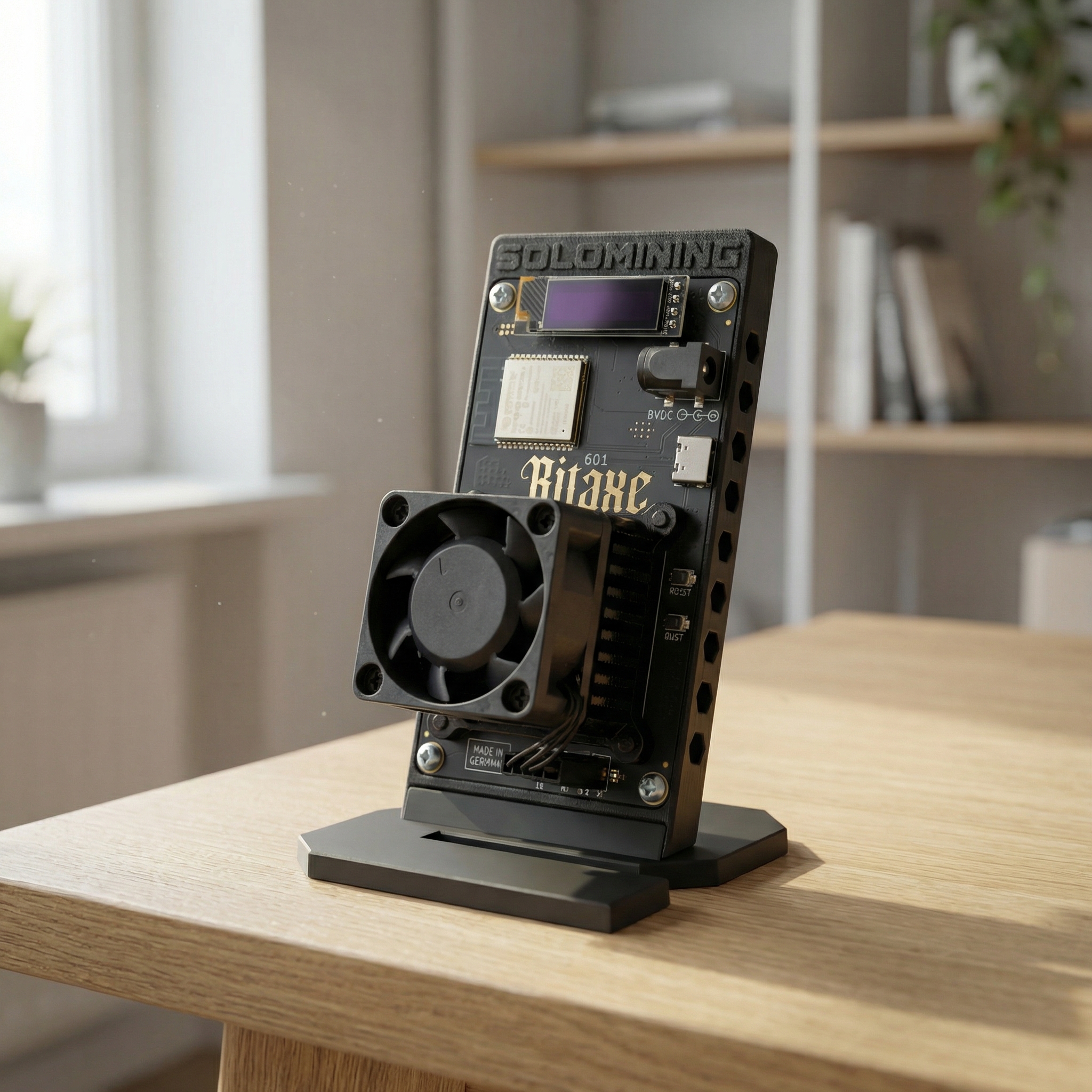 Bitaxe Gamma 601 at the edge of the desk