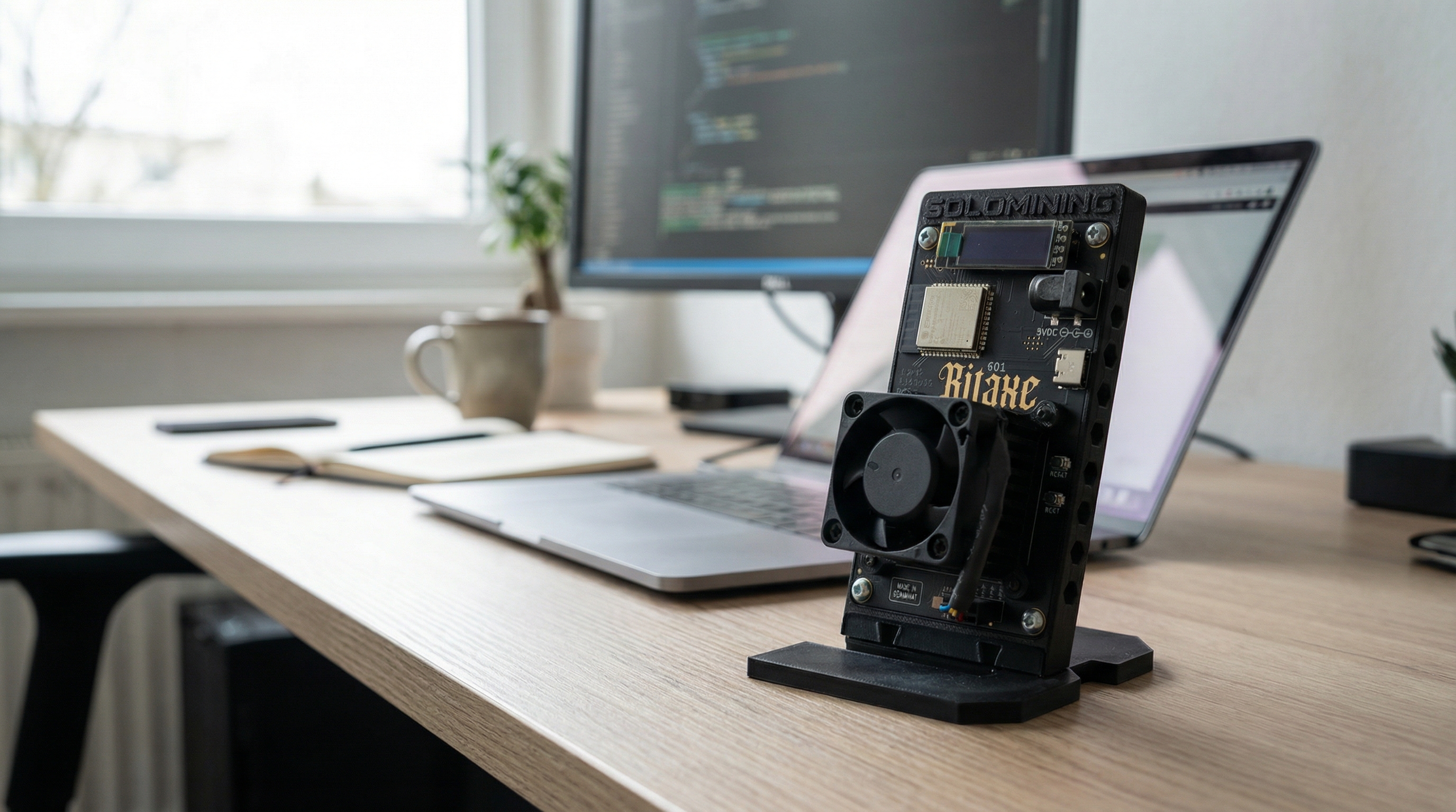 Bitaxe Gamma 601 behind monitor and laptop