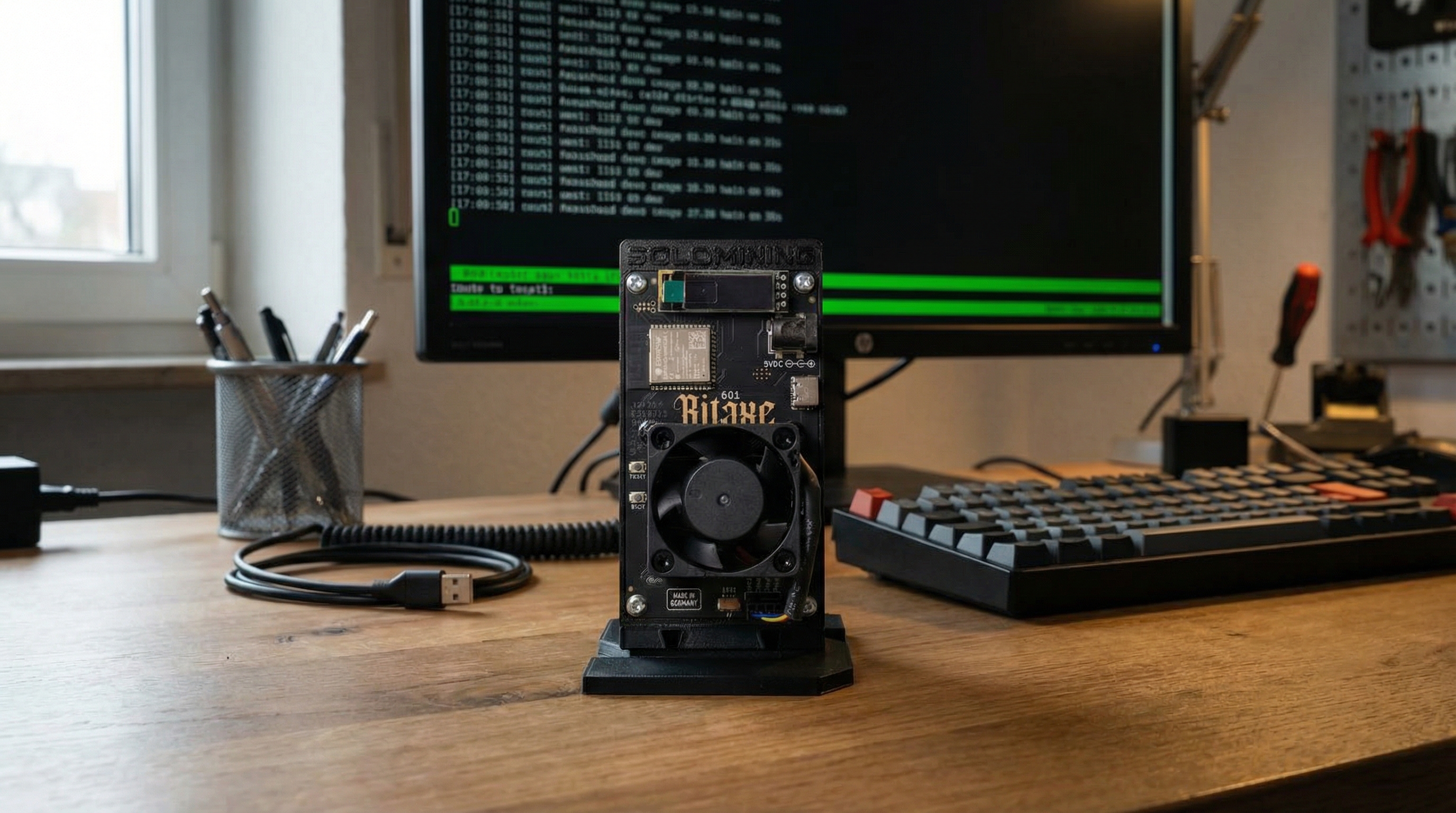 Bitaxe Gamma 601 on the hacker desk stand