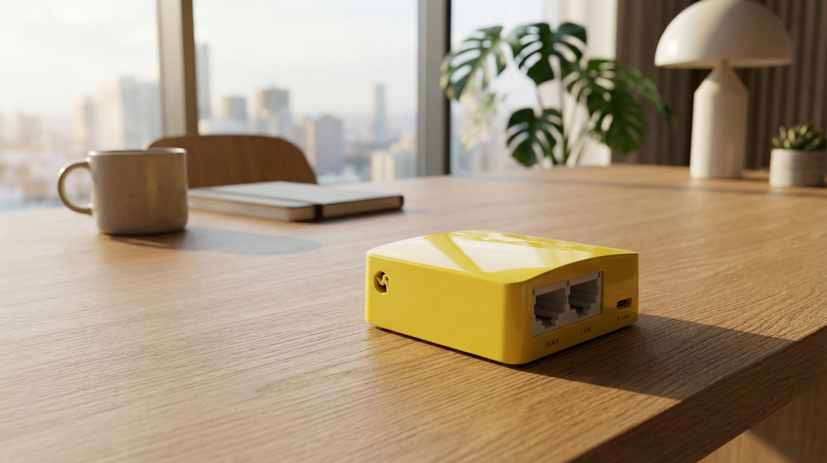 GL.iNet Mango (GL-MT300N-V2) 14 GLInet Mango router on desk behind windows view