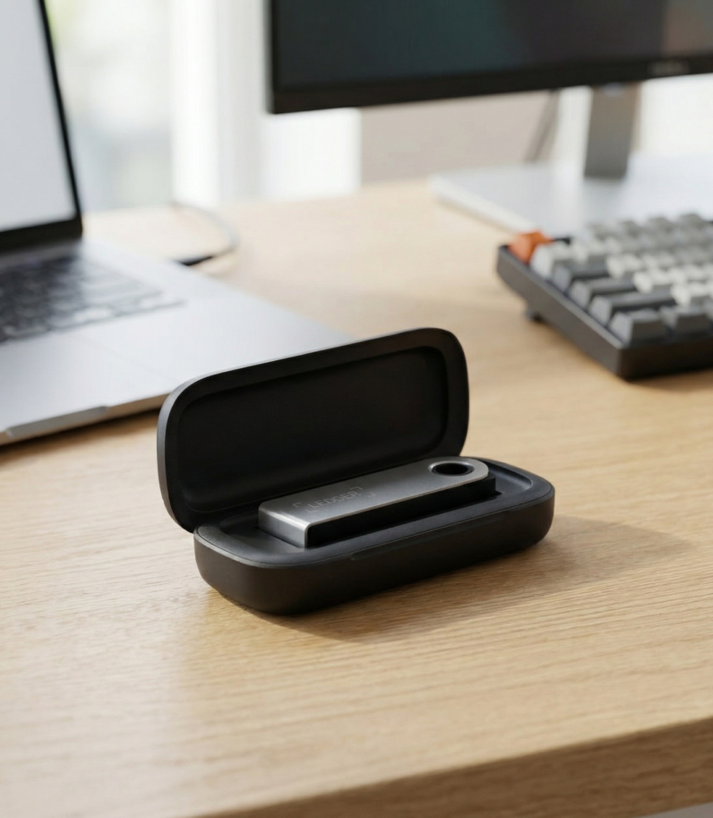 Ledger Nano Case on desk behind laptop and keyboard