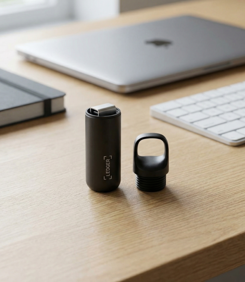 Ledger Nano Pod on desk behind laptop