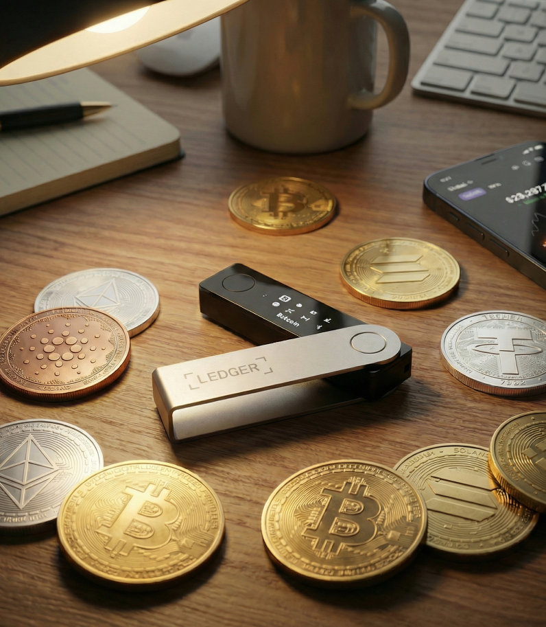 Ledger Nano X on desk surrounded by coins and phone