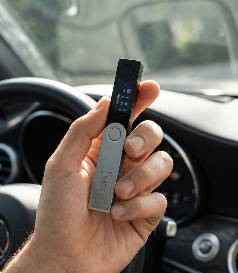 Ledger Nano X at man hands in car