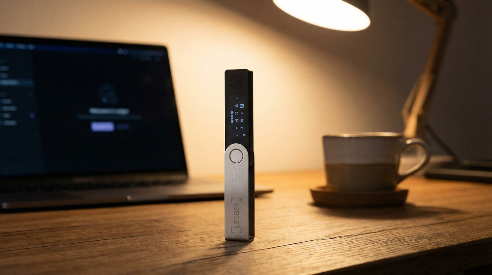 Ledger Nano X on the desk behind laptop