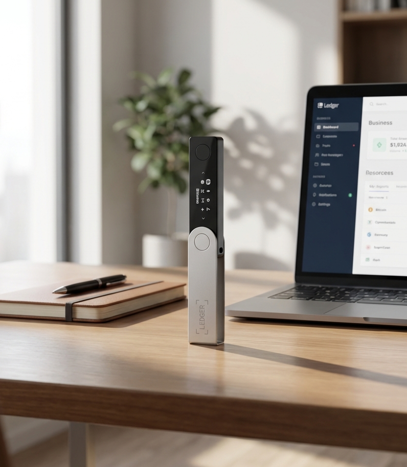 Ledger Nano X on the desk behind laptop