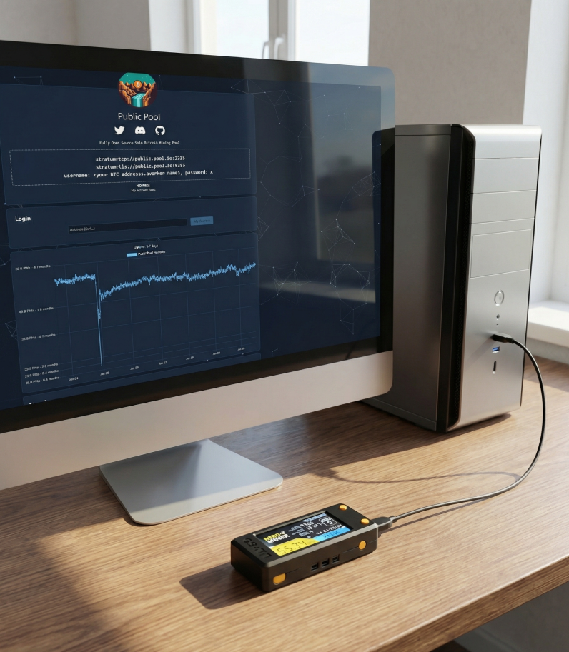NerdMiner V2 7 Nerdminer V2 on desk behind pc with mining pool option on screen