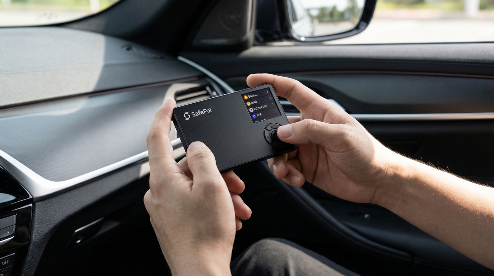 Safepal S1 in hands inside the car