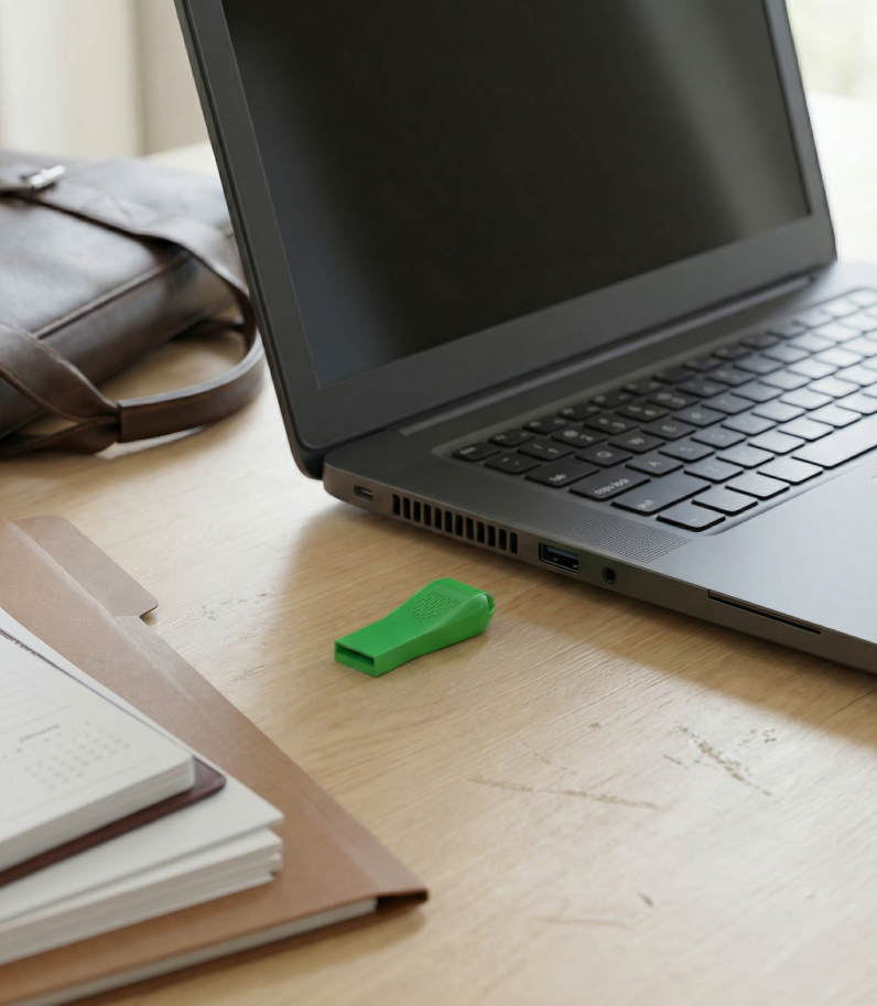 SecureToken338M in USB port and laptop and documents on desk