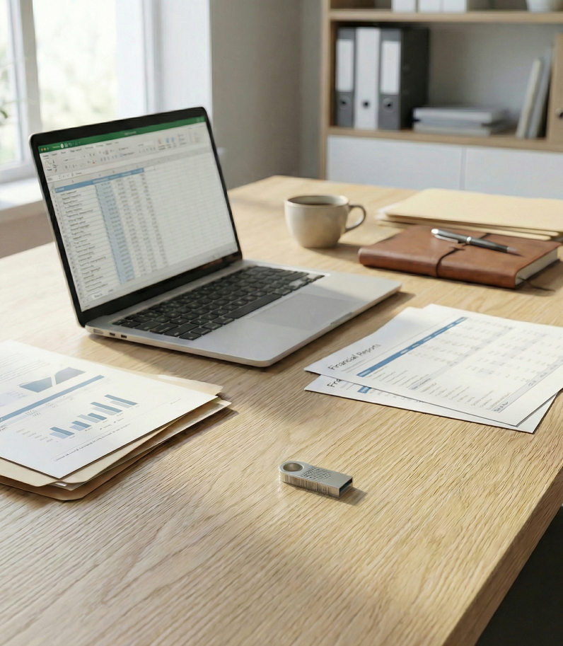 SecureToken338S on desk behind laptop and documents