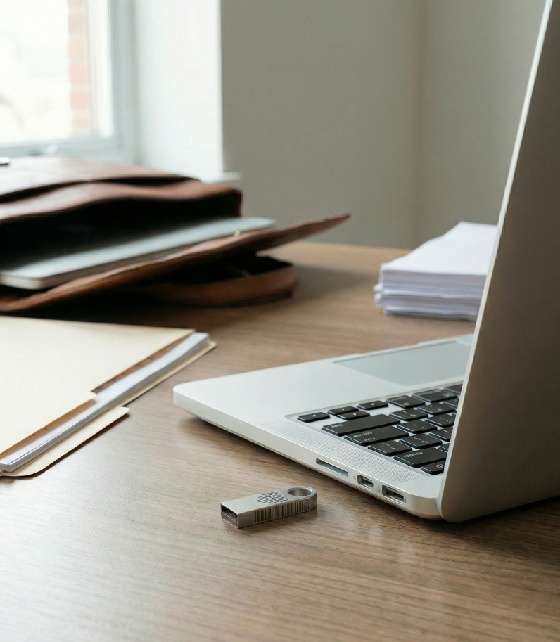 SecureToken338S on desk behind laptop