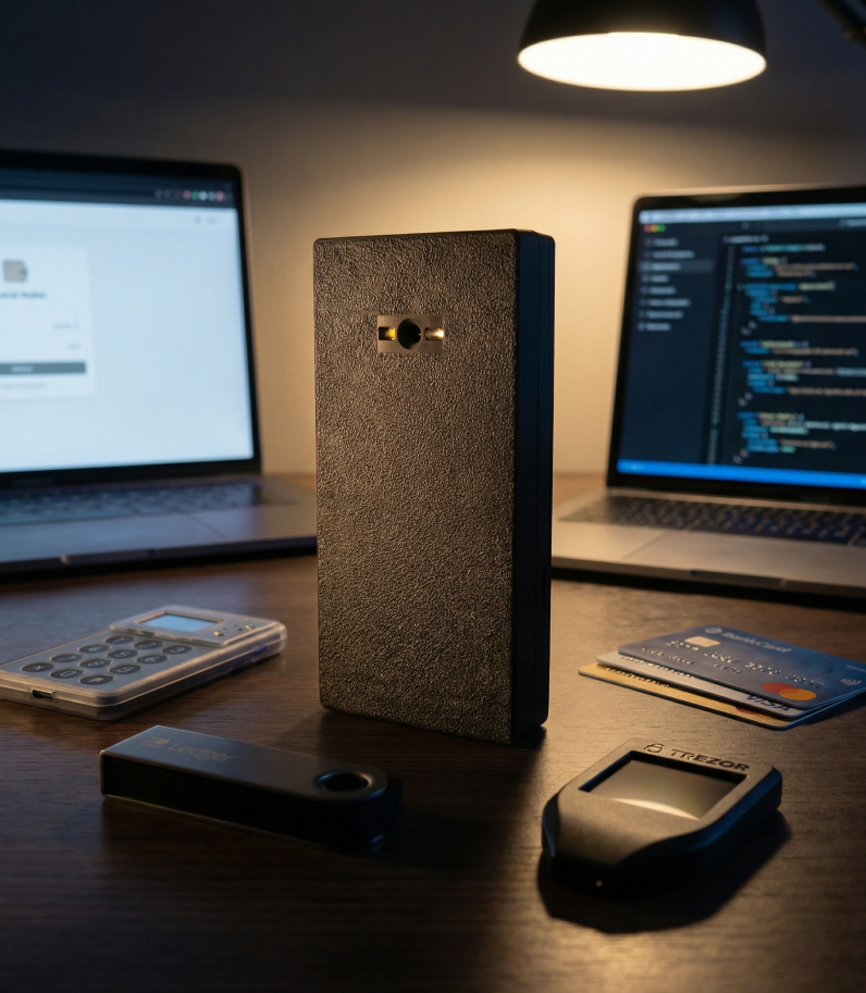Specter DIY 12 Specter Diy standing on desk behind Trezor Ledger and Coldcard wallets