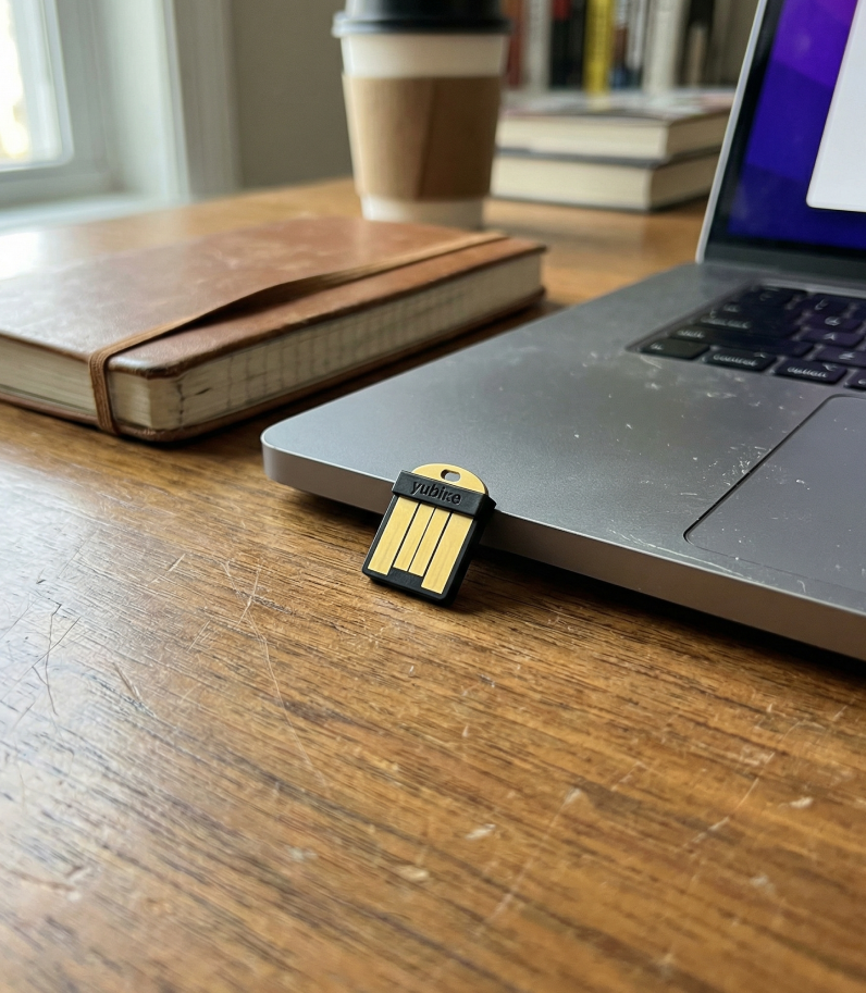 Yubikey 5 Nano behind laptop on desk