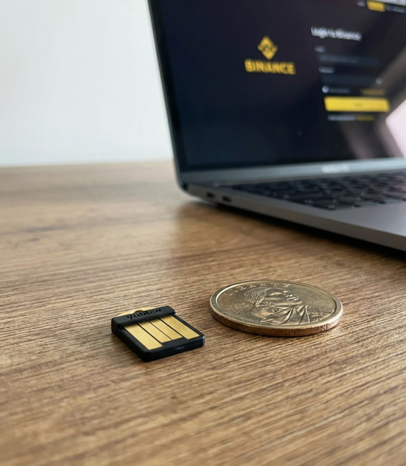 Yubikey 5 Nano behind laptop cryptocurrency exchange