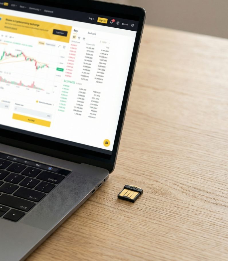 Yubikey 5 Nano behind laptop cryptocurrency exchange