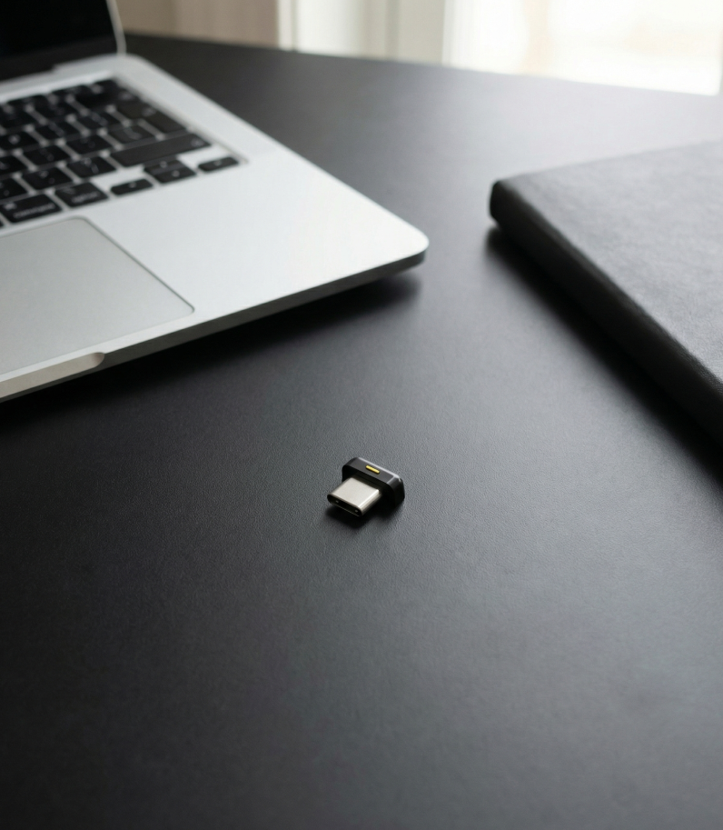 Yubikey 5C Nano on desk behind laptop