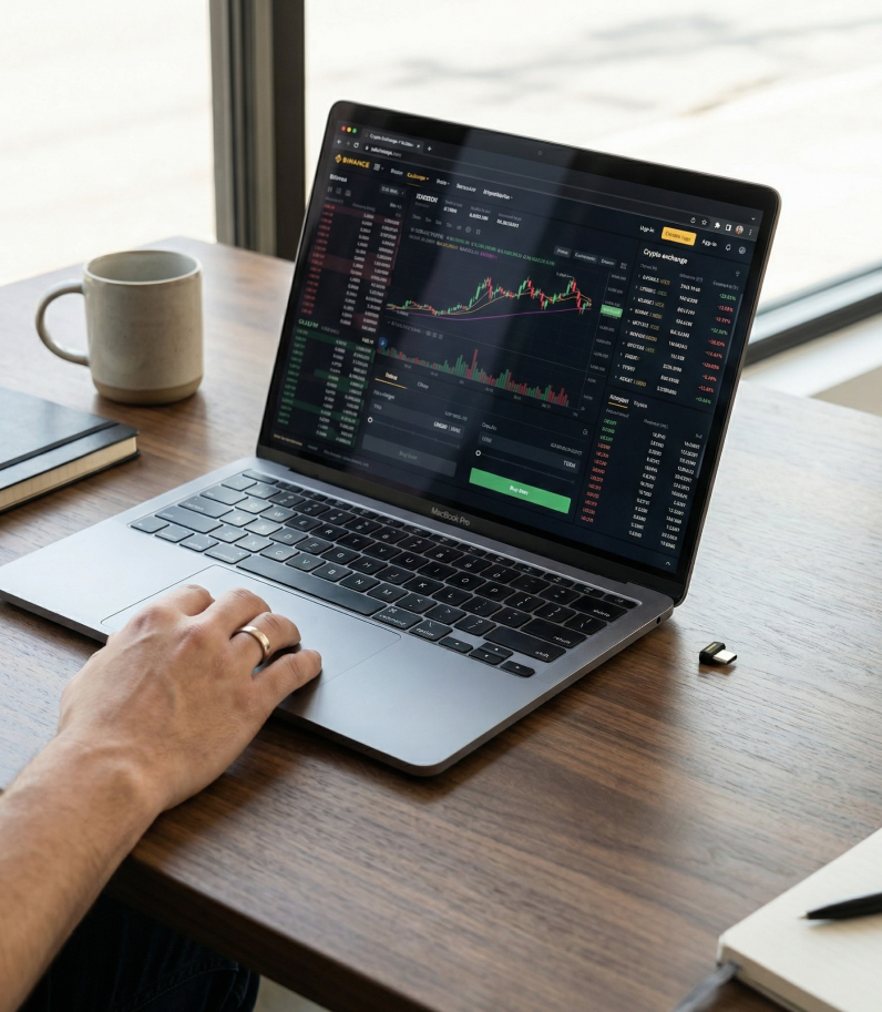 Yubikey 5C Nano behind laptop cryptocurrency exchange with human hand