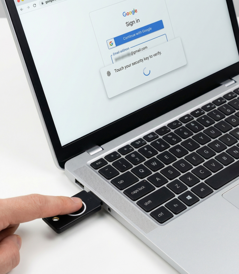 Yubikey Bio in laptop with human finger