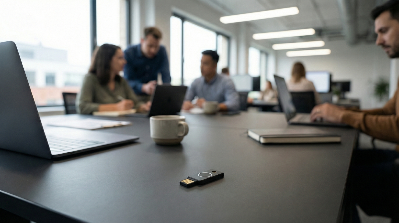 Yubikey Bio on the desk in a modern office with a bunch of people