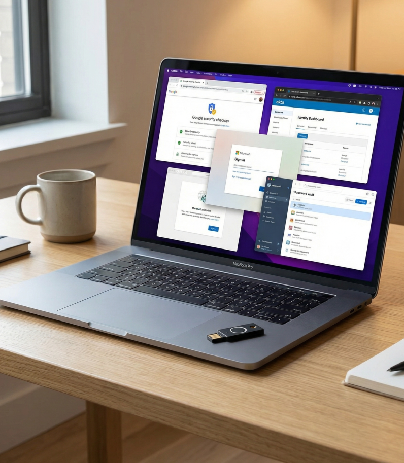 Yubikey Bio behind laptop cryptocurrency exchange with human hand