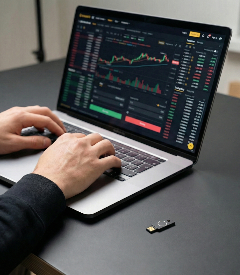 Yubikey Bio behind laptop cryptocurrency exchange with human hand