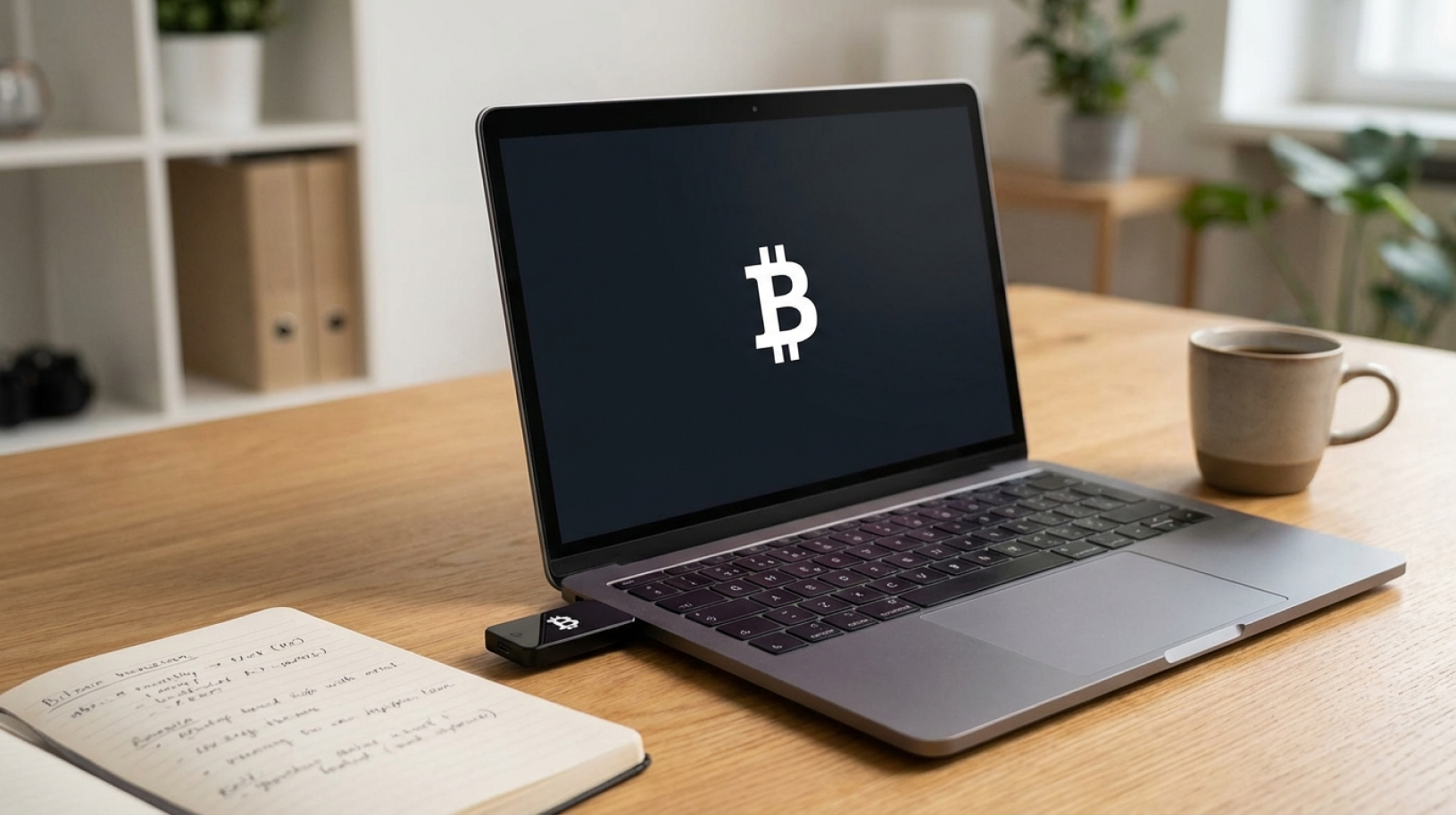 BitBox02 Bitcoin-only Edition inserted in laptop with screen with bitcoin logo