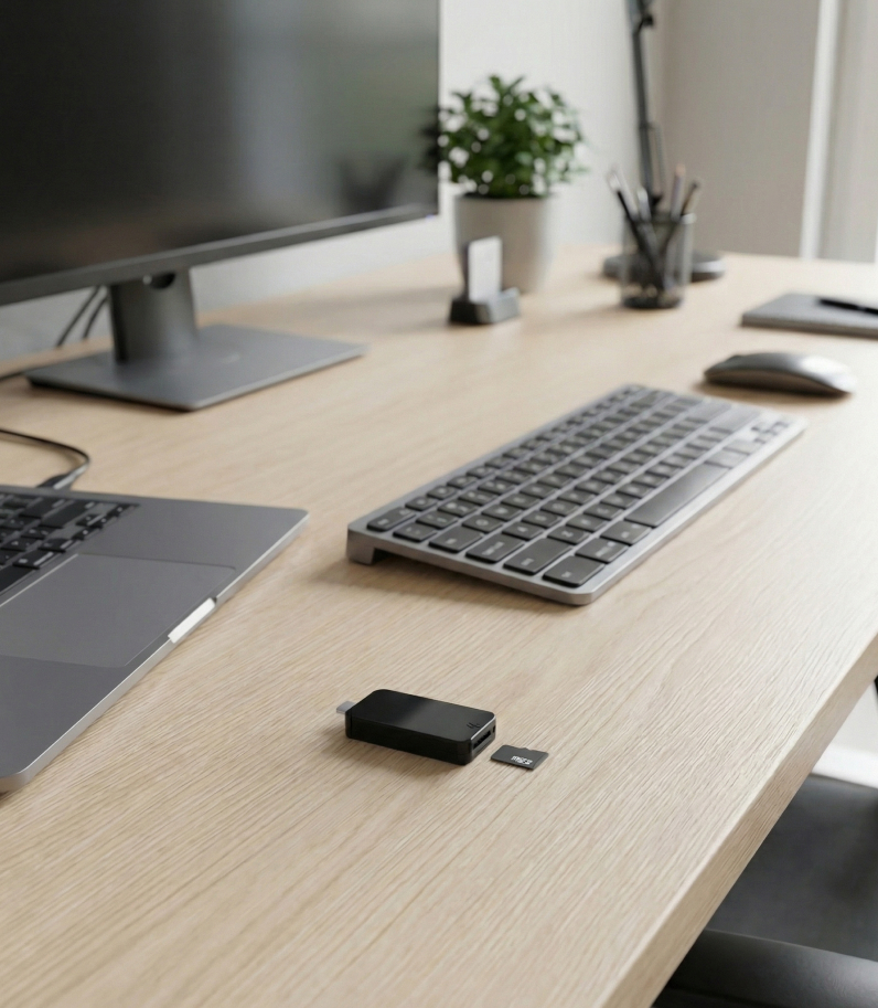 BitBox02 Multi-Edition on desk with micro-sd card behind laptop keyboard and monitor