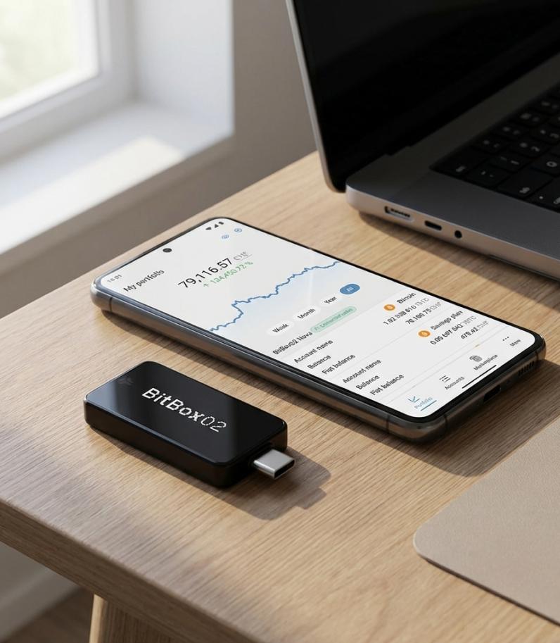 BitBox02 Multi-Edition on desk behind phone and laptop