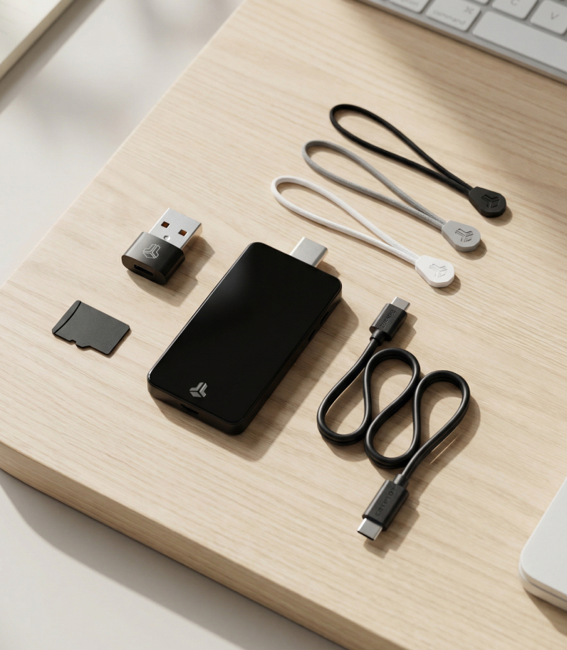 BitBox02 on desk with adapter usb-c cable micro-sd card rubber pulls