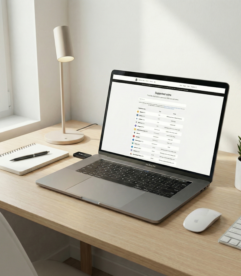 Macbook on desk with BitBox02 inserted in it with supported coins screen
