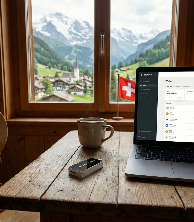 BitBox02 Nova on desk behind laptop with swiss flag on font