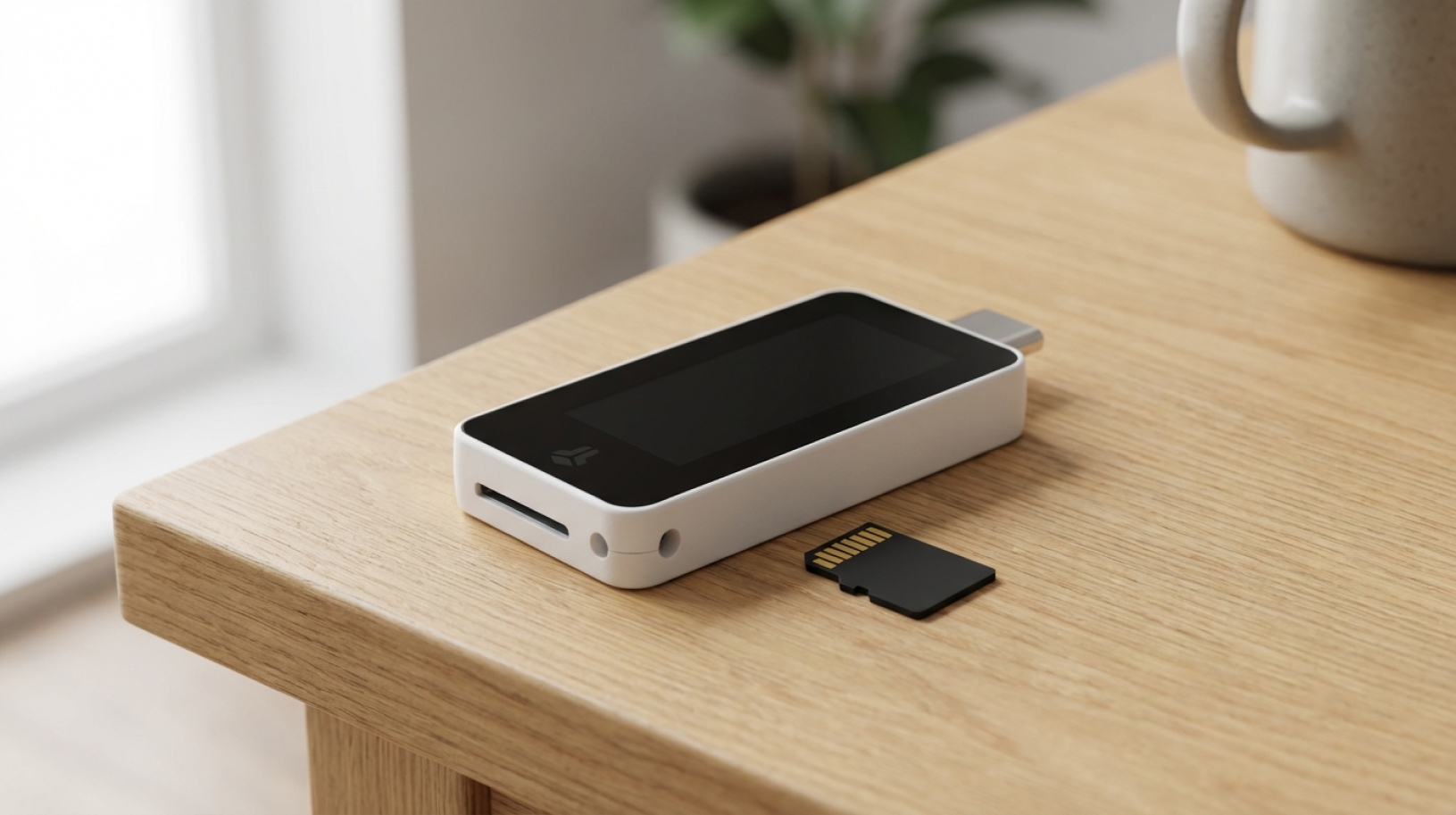BitBox02 Nova on desk behind micro-sd card