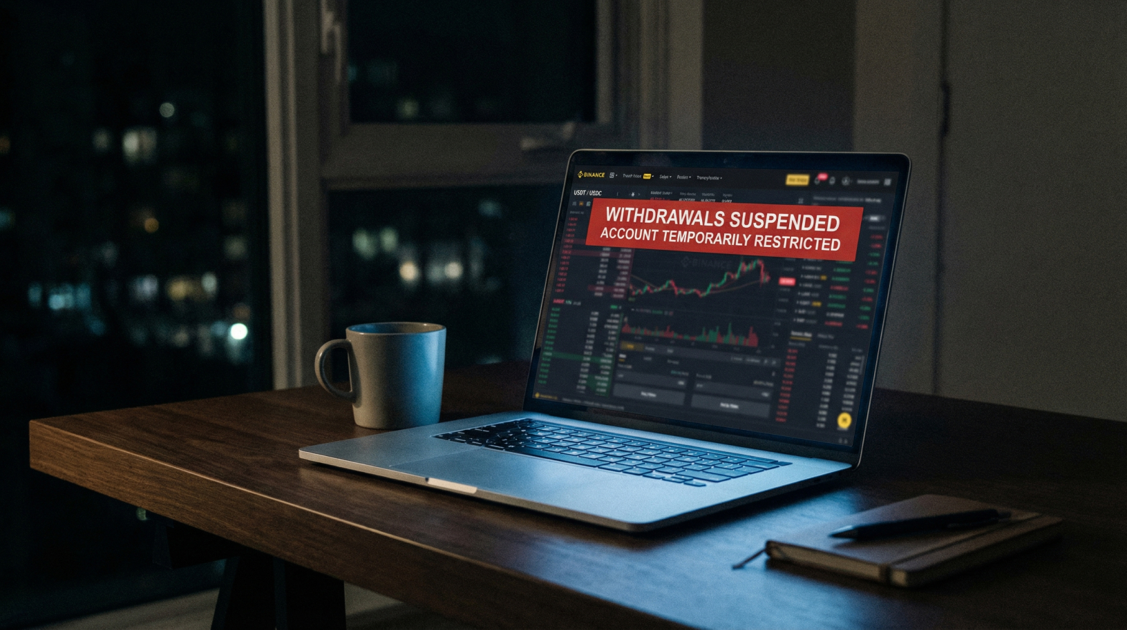 Laptop on desk with Binance interface