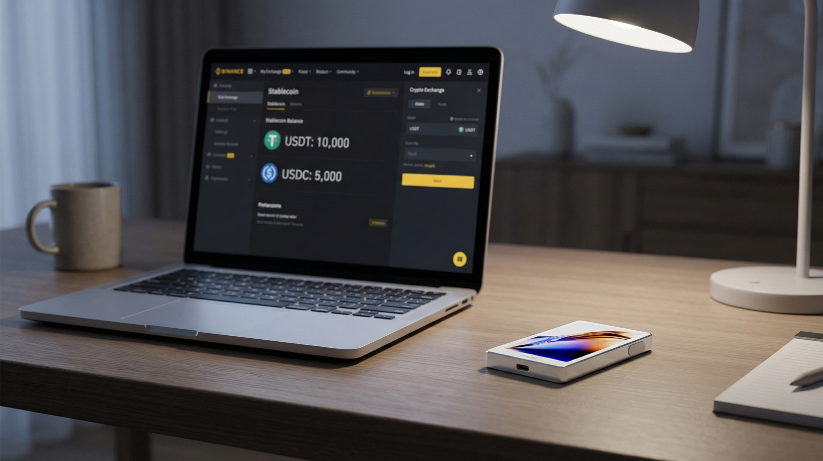 Onekey Pro on desk behind laptop with Binance interface