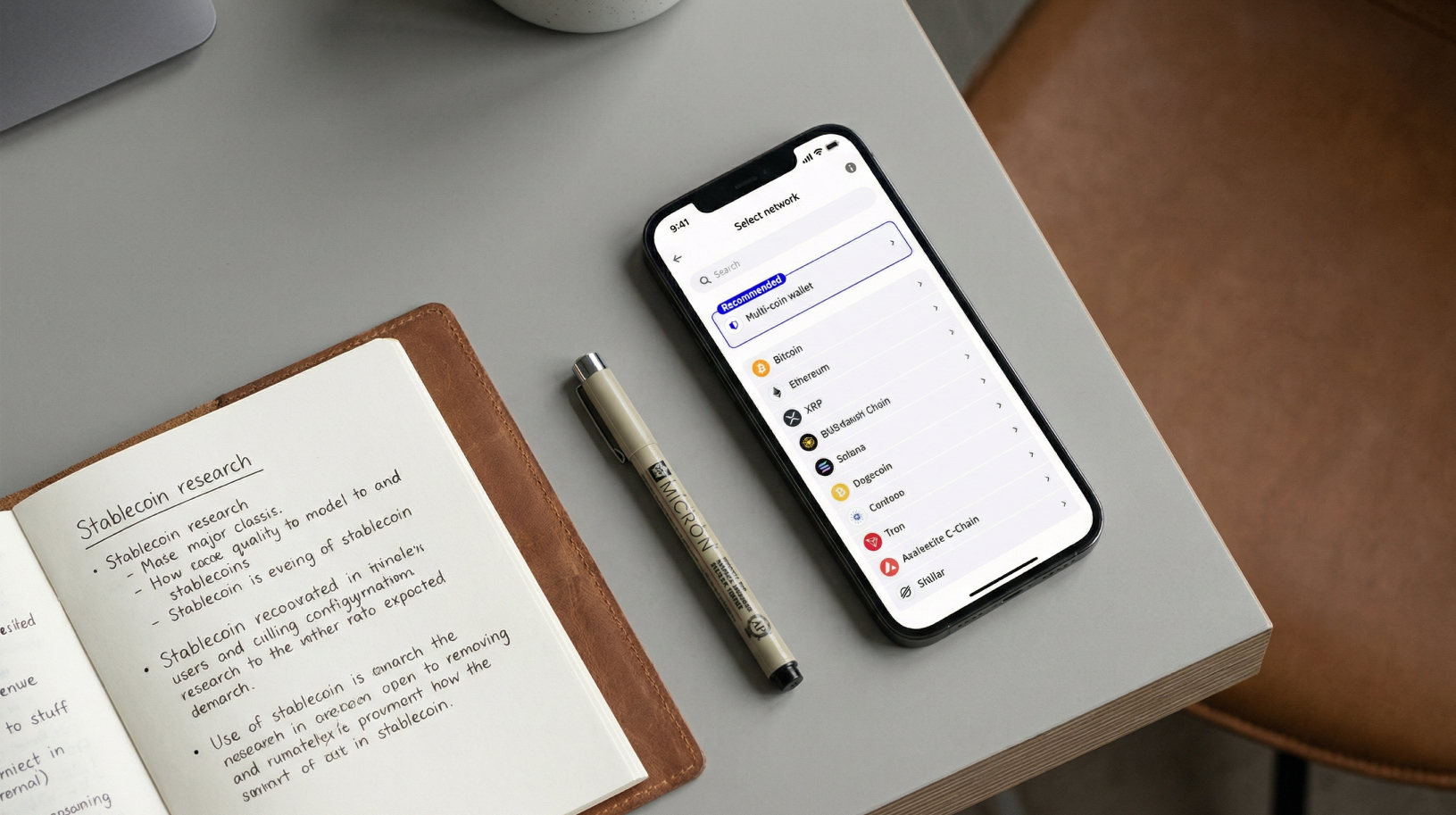 Phone on desk with wallet interface behind notepad and pen