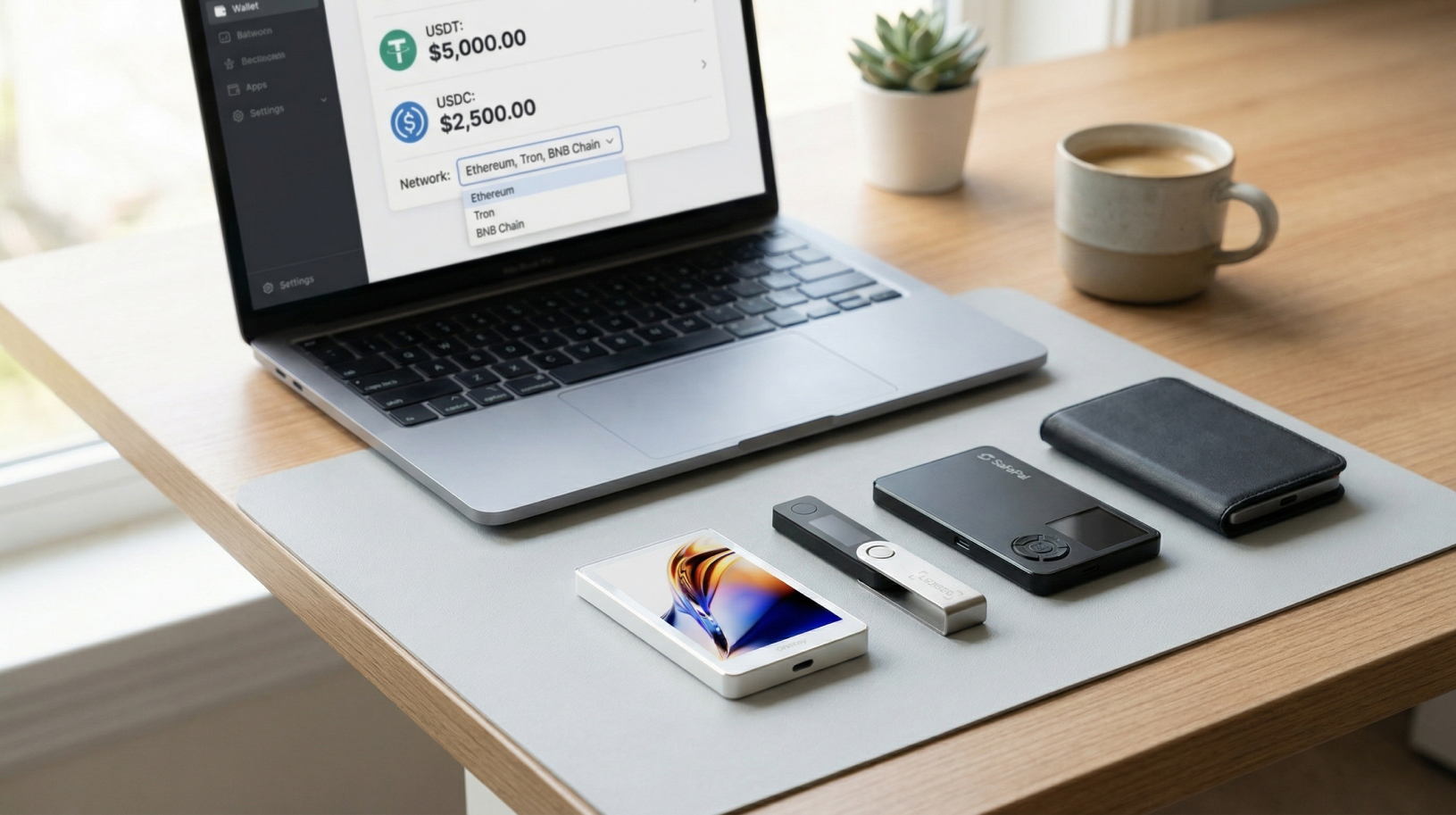 Hardware wallets (Ledger Nano X, Safepal S1, Onekey Pro, Ledger Stax) on desk behind laptop