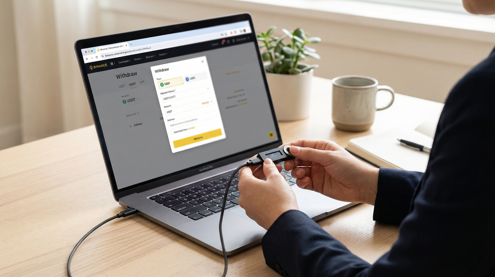 Laptop on desk with Binance withdrawal interface and woman holding Ledger wallet