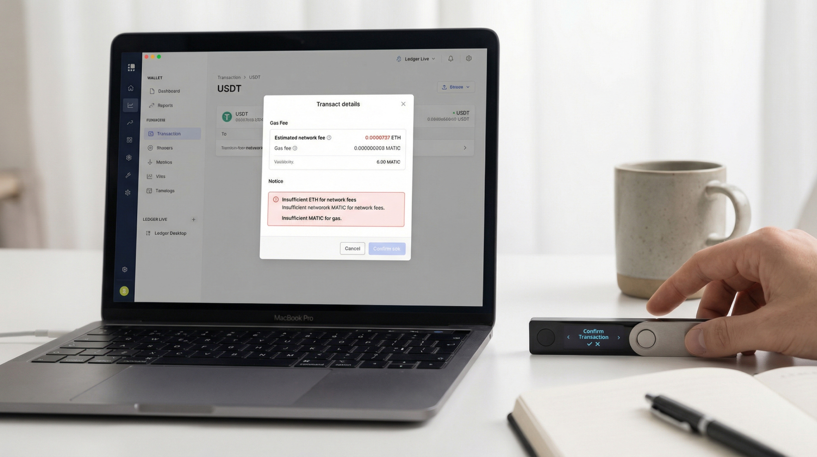 Ledger Nano X on desk behind laptop with Ledger Wallet interface