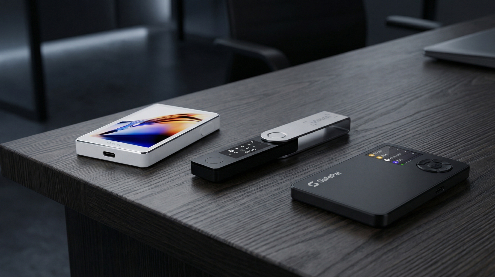 Onekey Pro Ledger Nano X Safepal S1 Pro laying on desk