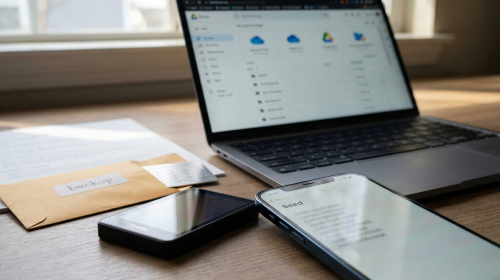 Blog Hardware Wallet vs Crypto Exchange Onekey hardware wallet on desk behind laptop and phone