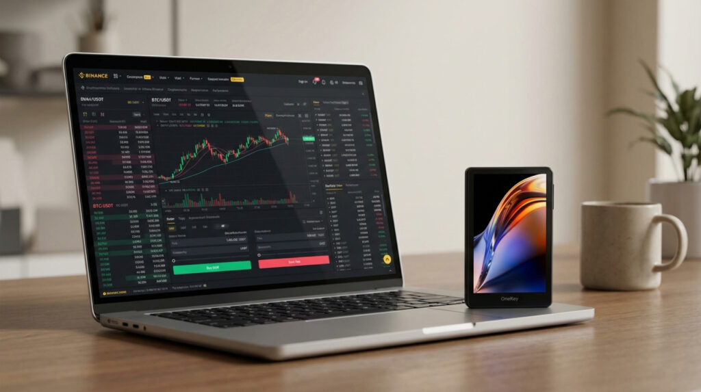 Blog Hardware Wallet vs Crypto Exchange laptop on desk and Onekey stands on laptop