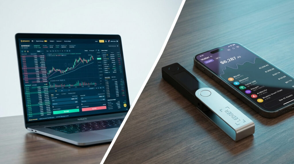 Blog Hardware Wallet vs Crypto Exchange left side laptop with crypto exchange screen right side Ledger hardware wallet and phone