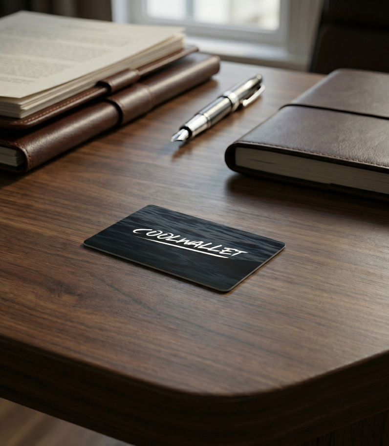 Coolwallet Go 10 Coolwallet Go on table behind keynotes and pen
