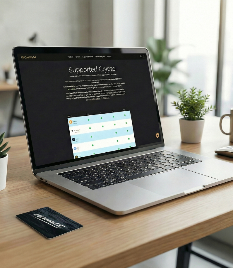 Coolwallet Go 9 Coolwallet Go behind laptop with supported cryptocurrencies on it