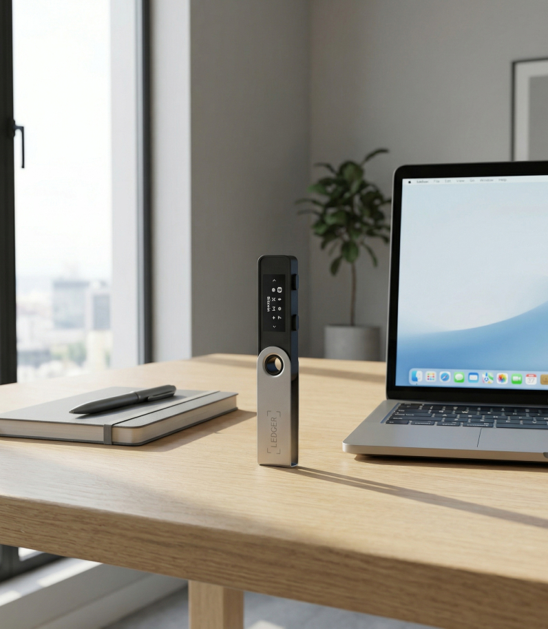 Ledger Nano S Plus Oxidate Green 15 Ledger Nano S Plus на столе рядом с ноутбуком